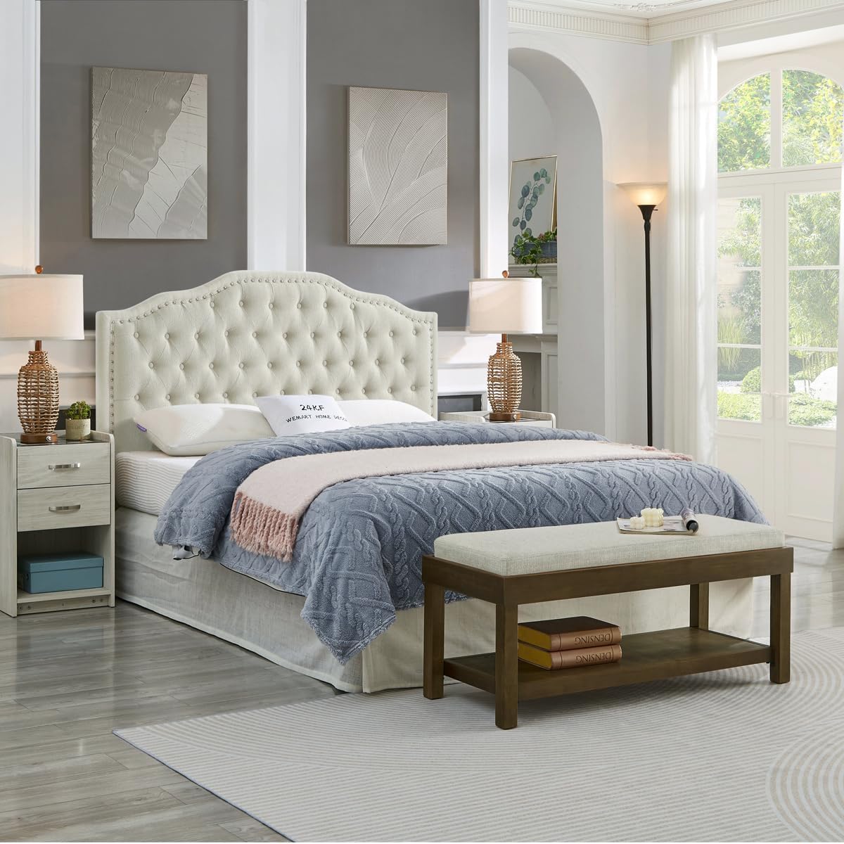 24KF Upholstered Button Tufted Queen Headboard with Nailhead Trim, Elegant Boucle Fabric Full headboard, 6031-Q-Boucle-Beige