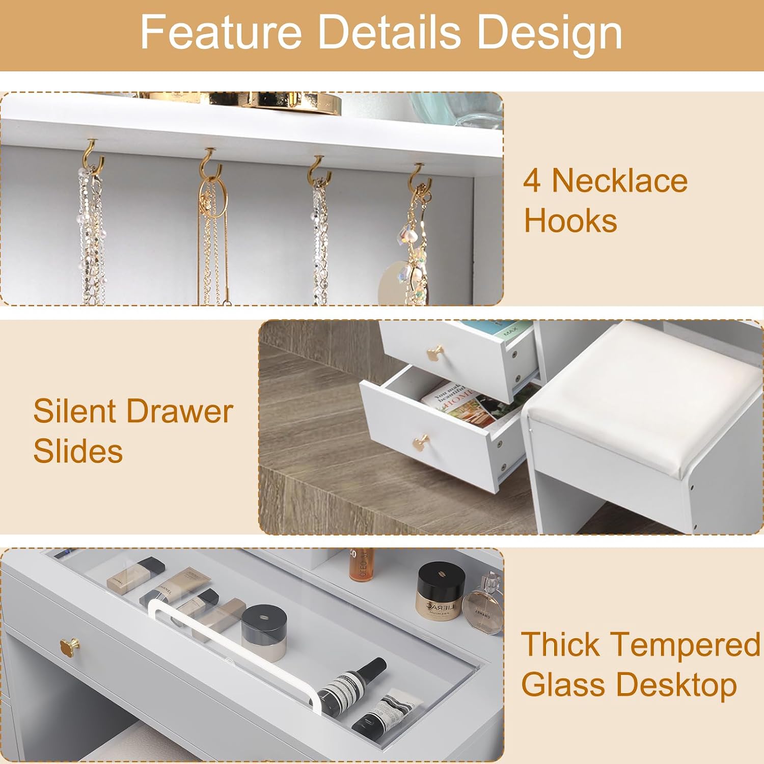 Karl home Makeup Vanity with Lighted Mirror Bedroom Vanity Desk with Charging Station Large Vanity Set with Transparent Desk, Drawers, Cabinet, Shelves for Storage in Bedroom, White