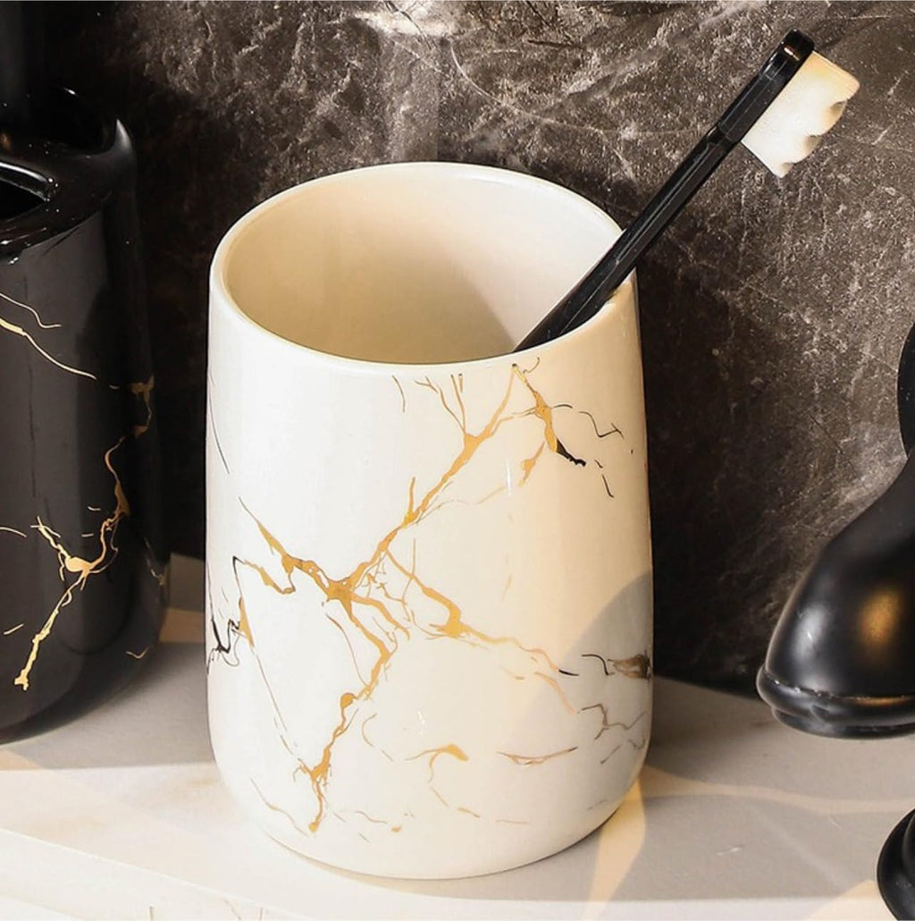 Vanity Bathroom Decor, 5 Piece/Set Soap Dispenser Bathroom Accessories Set Ceramic Marble Pattern Bathroom Accessories Set Housewarming Gift(Black)
