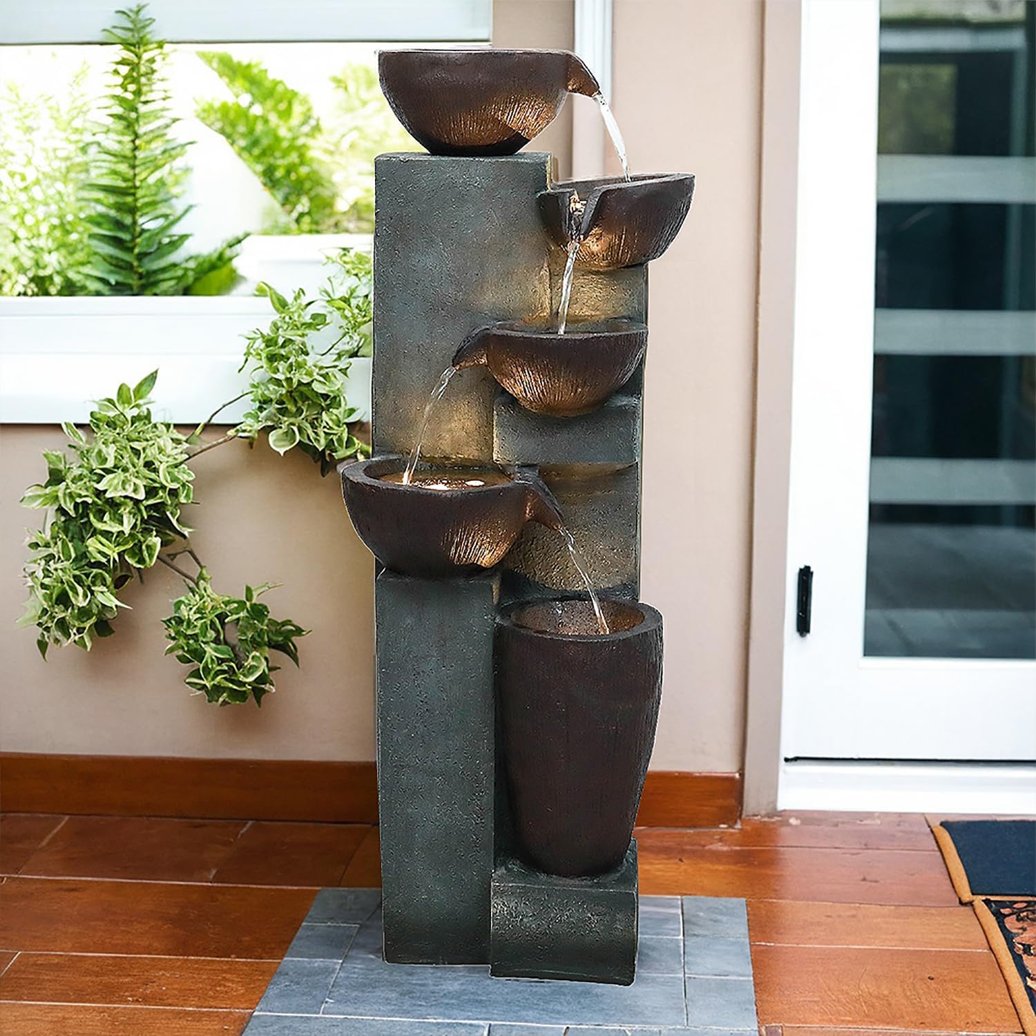 SunJet 5-Tier Outdoor Water Fountain Resin Fountain Decor with LED Lighting Natural Polyresin Looking Stone Decor for Garden Patio Fold Court Yard Deck 12.99' L x 13.78' W x 39.76' H