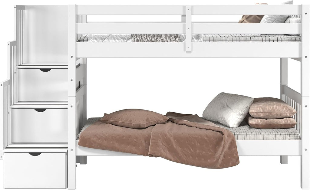 Bedz King Stairway Bunk Beds Twin Over Twin, 3 Step Drawers, White