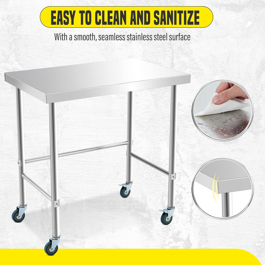 GlowSol Stainless Steel Table 60x24 Inch, NSF Heavy Duty Commercial Prep Table with Locking Casters Open Base, Metal Work Tabl-e for Restaurant Kitchen Home Hotel Food Prep