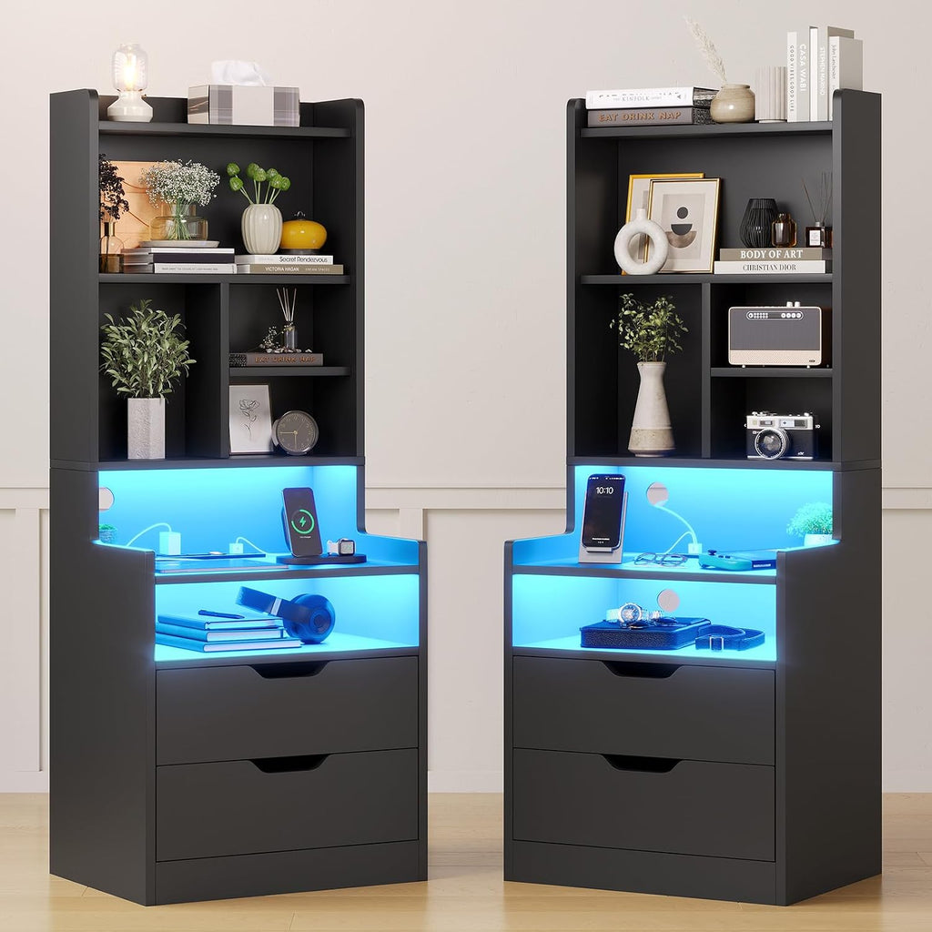 ADORNEVE Charging Nightstand Set of 2 with LED Lights,Tall Night Stand with Bookshelf,Bedside Table with Drawers,Black Side Tables Bedroom