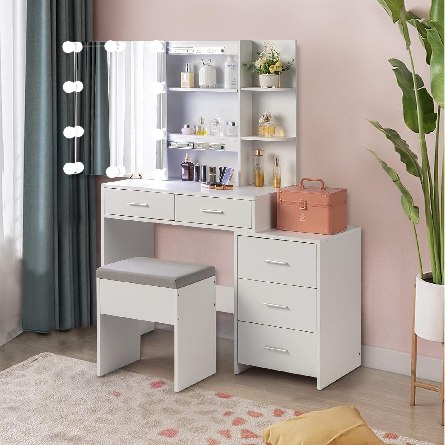Karl home Vanity Desk with Sliding Mirror and Lights,3 Colour Light Modes,5-Drawer Makeup Vanity with Stool, Makeup Desk Vanity Table for Women, White