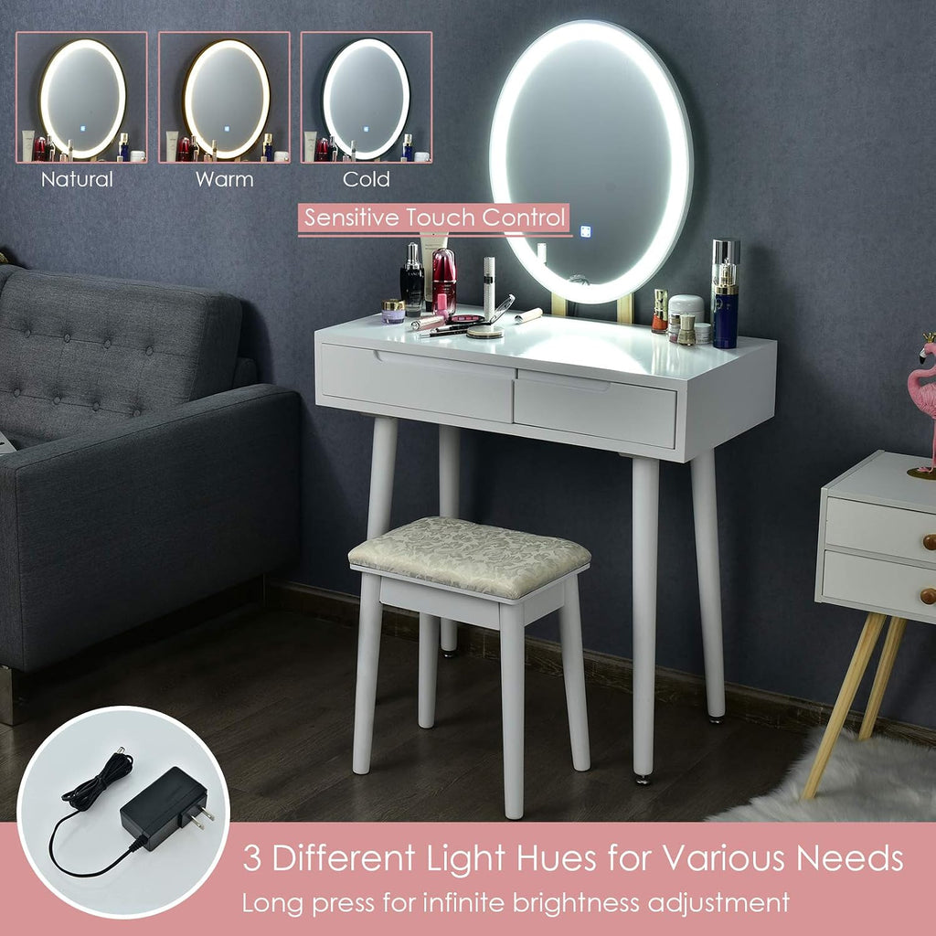 CHARMAID Vanity Set with Lighted Mirror, 3 Modes Adjustable Brightness Mirror, Makeup Dressing Table with Cushioned Stool, 2 Sliding Drawers with Divider, Modern Bedroom Vanity for Girls Women (White)