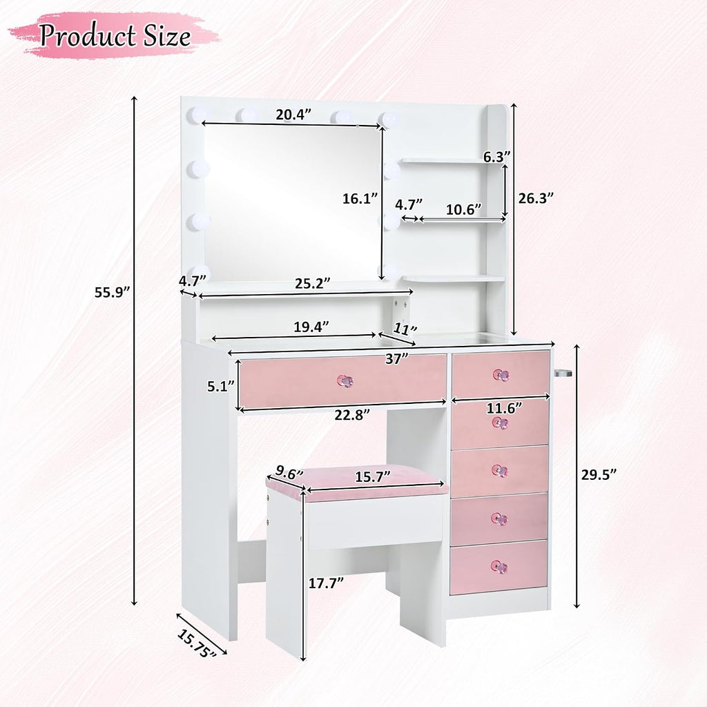 Merax 37' Pink Vanity Desk with Mirror and Lights and Storage Stool, Modern Dressing Table Set with 6 Pink Finish Drawers and Visual Glass Top and Charge Station for Bedroom or Dressing Room