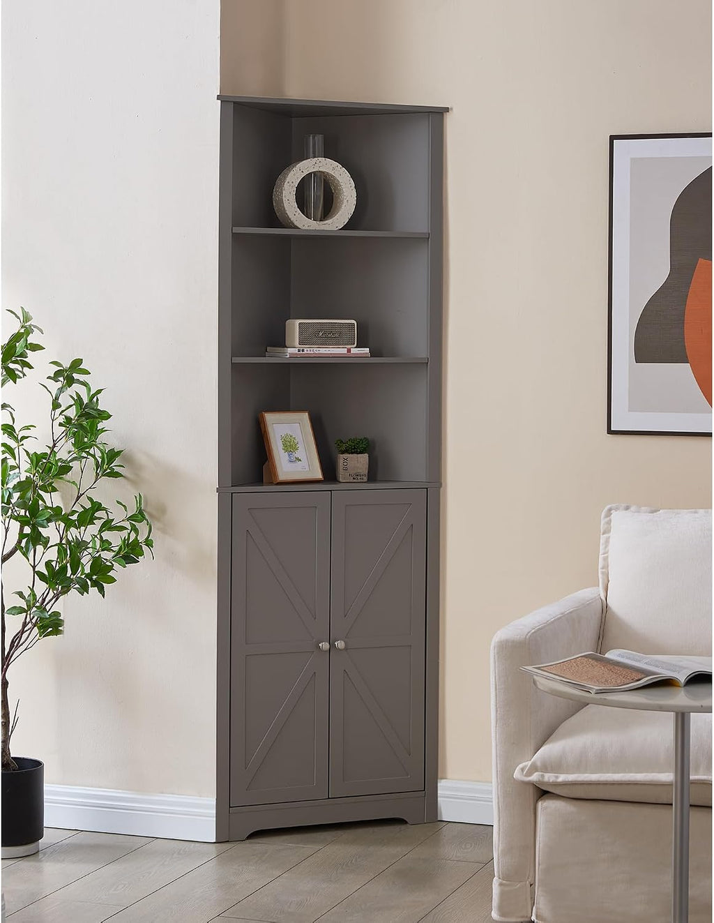 Kings Brand Furniture Tall Wooden Corner Cabinet with 2 Doors and 5 Shelves Storage Shelf Organizer, Home Space Saver, Bathroom, Kitchen, Living Room, Grey