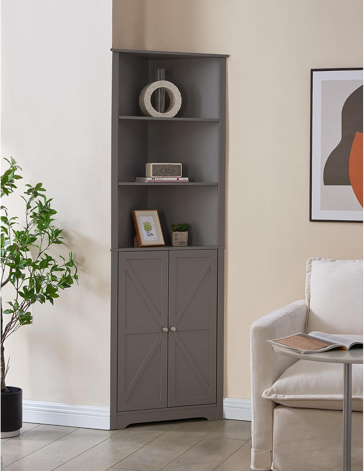 Kings Brand Furniture Tall Wooden Corner Cabinet with 2 Doors and 5 Shelves Storage Shelf Organizer, Home Space Saver, Bathroom, Kitchen, Living Room, Grey