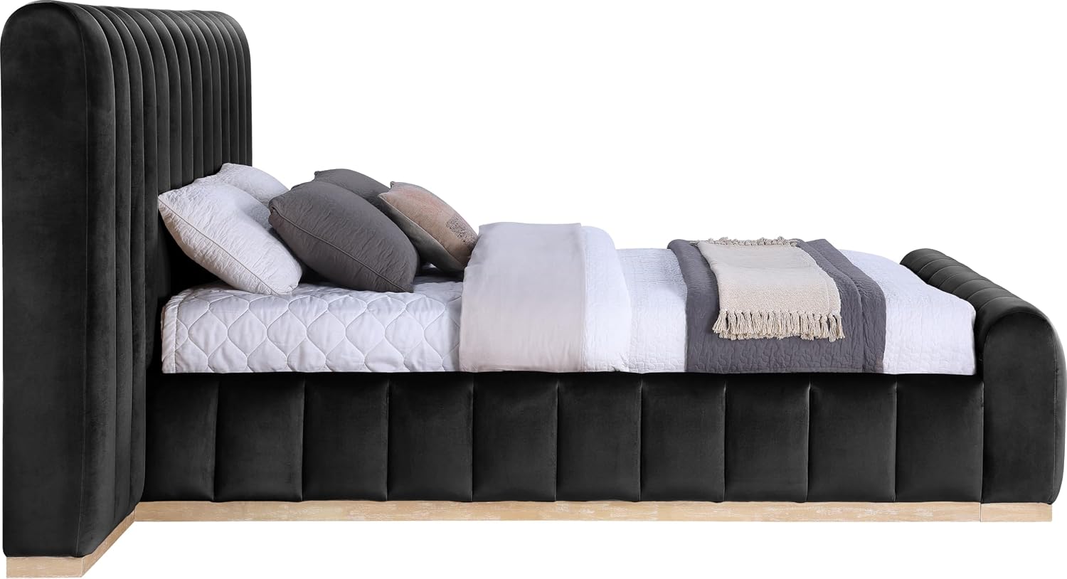 Meridian Furniture AmaraBlack-Q117 Collection Modern | Contemporary Queen Bed, Ultra Luxe Black 460 GSM Velvet, Natural Finish, Solid Wood Base and Inner Frame, 117' W x 99' D x 51' H, Black, Queen