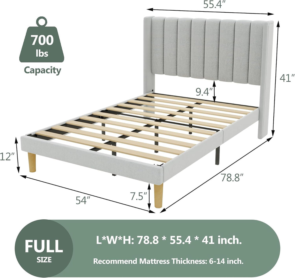 alazyhome Platform Bed Frame Full Size with Upholstered Headboard, Solid Wood Slats Support, No Box Spring Needed, Noise Free, Easy Assembly, Modern Fabric Bed, Light Grey