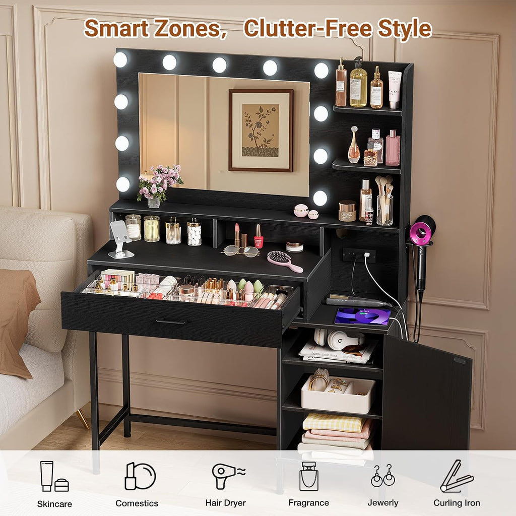 Driftalia Vanity Desk with Mirror and Lights, Makeup Vanity with Storage Drawer, Power Outlet and Large Cabinet for Bedroom - Black