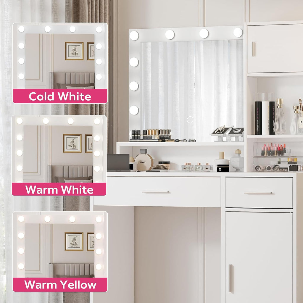MIRROTOWEL Vanity Desk with Mirror and LED Light Strip,Dressing Table with Large Drawer, 3 Level Storage Dresser & 3 Lighting Modes Adjustable Brightness, Suitable for Bedroom