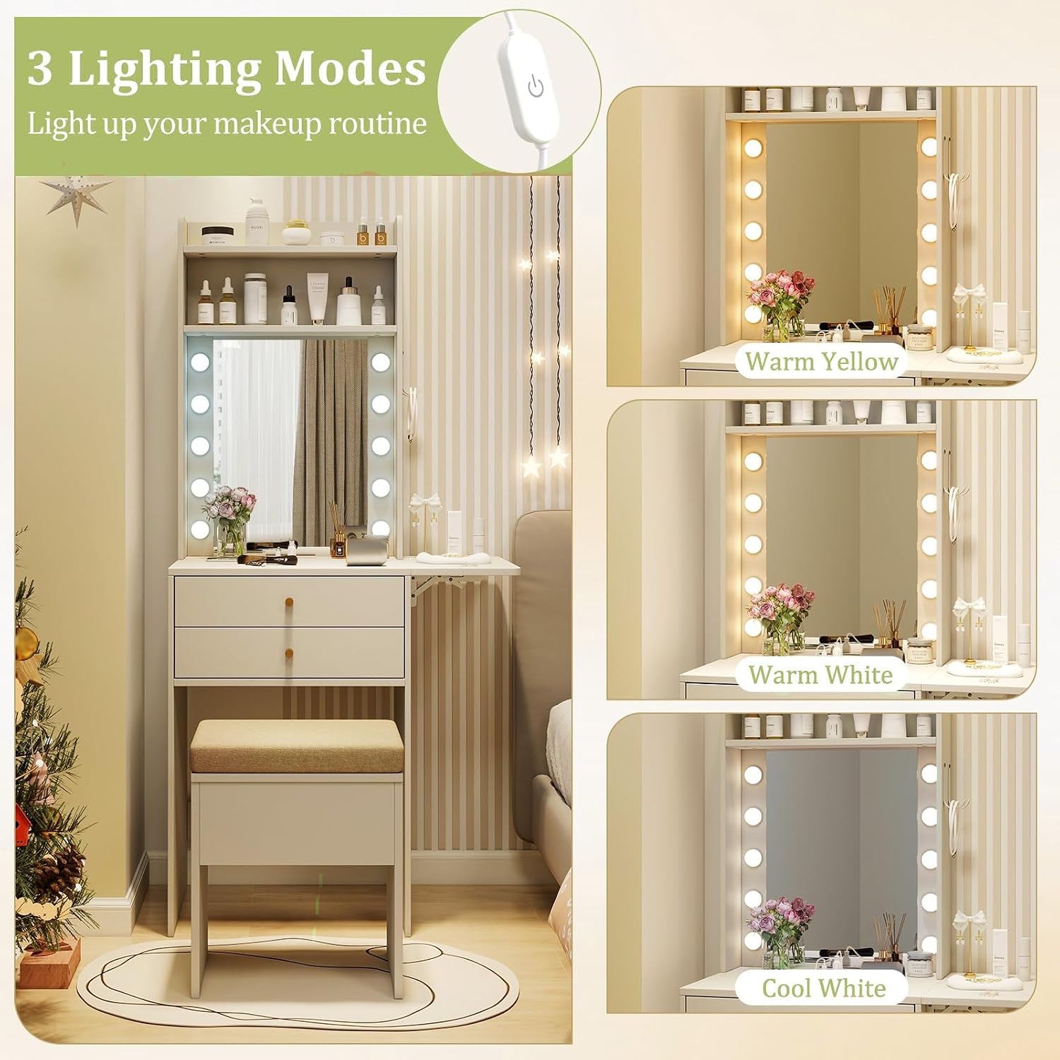 CHARMAID Small Vanity Desk with Mirror and Lights, White Makeup Vanity Table with Storage Bench, Drawers, Shelves, Foldable Side Table, Charging Station, Compact Vanity for Small Bedroom Narrow Space