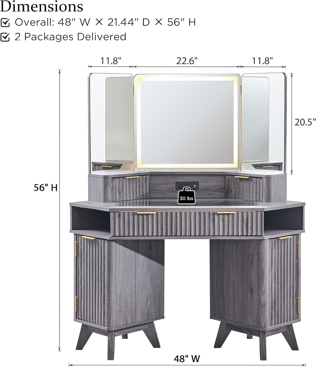 T4TREAM Fluted Makeup Vanity Desk with 3 Way Mirror and Lights, 48' Large Corner Vanity Table with Glass Top, Charging Station, 3 Drawers, Storage Cabinets & Shelves, for Bedroom, Dark Alder