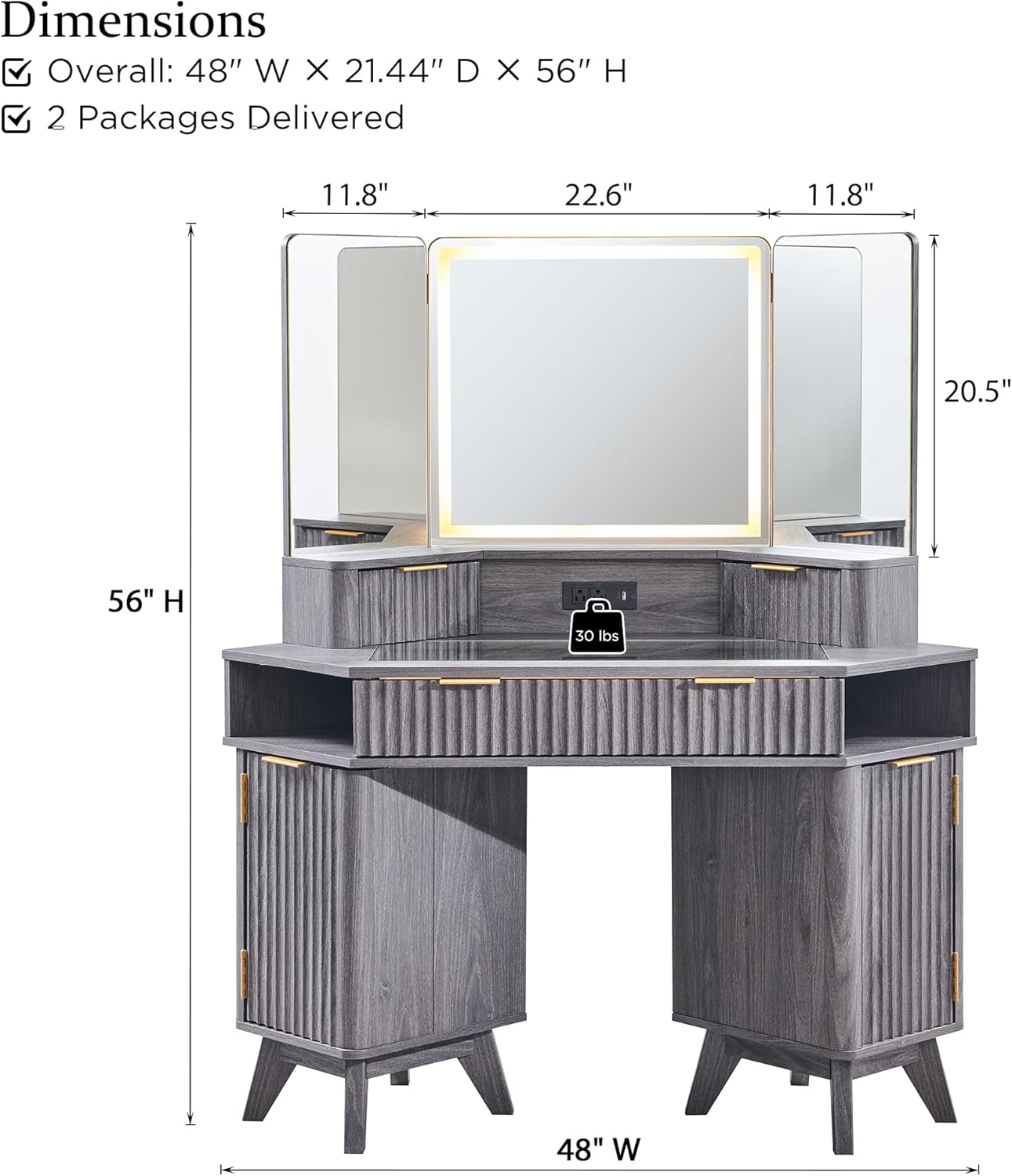 T4TREAM Fluted Makeup Vanity Desk with 3 Way Mirror and Lights, 48' Large Corner Vanity Table with Glass Top, Charging Station, 3 Drawers, Storage Cabinets & Shelves, for Bedroom, Dark Alder