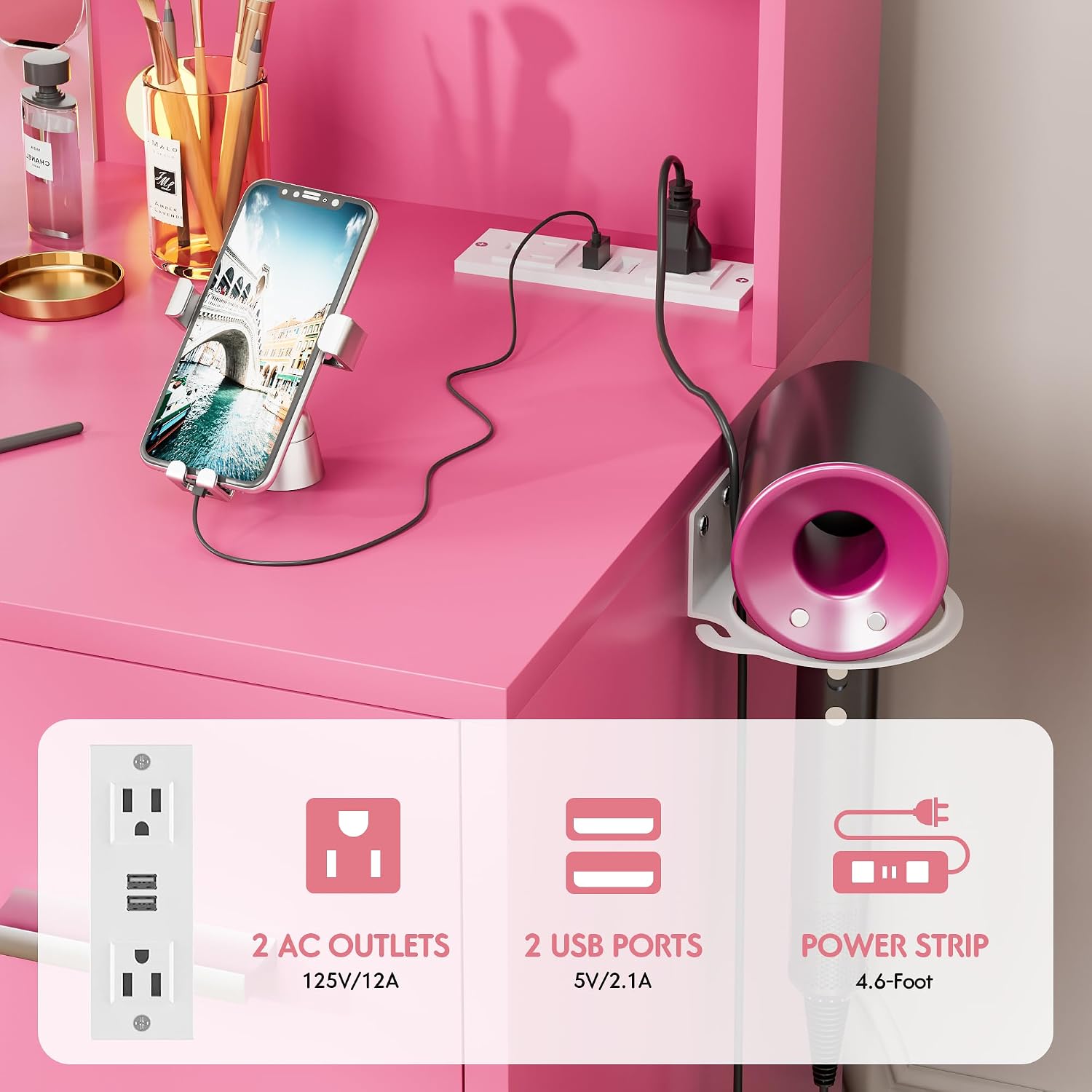 VICTONE Vanity Desk with LED Lighted Mirror&Power Outlet, 3 Model Lights Makeup Vanity Table with 7 Drawers and 6 Storage Shelves for Bedroom and Dressing Room (Dark Pink)