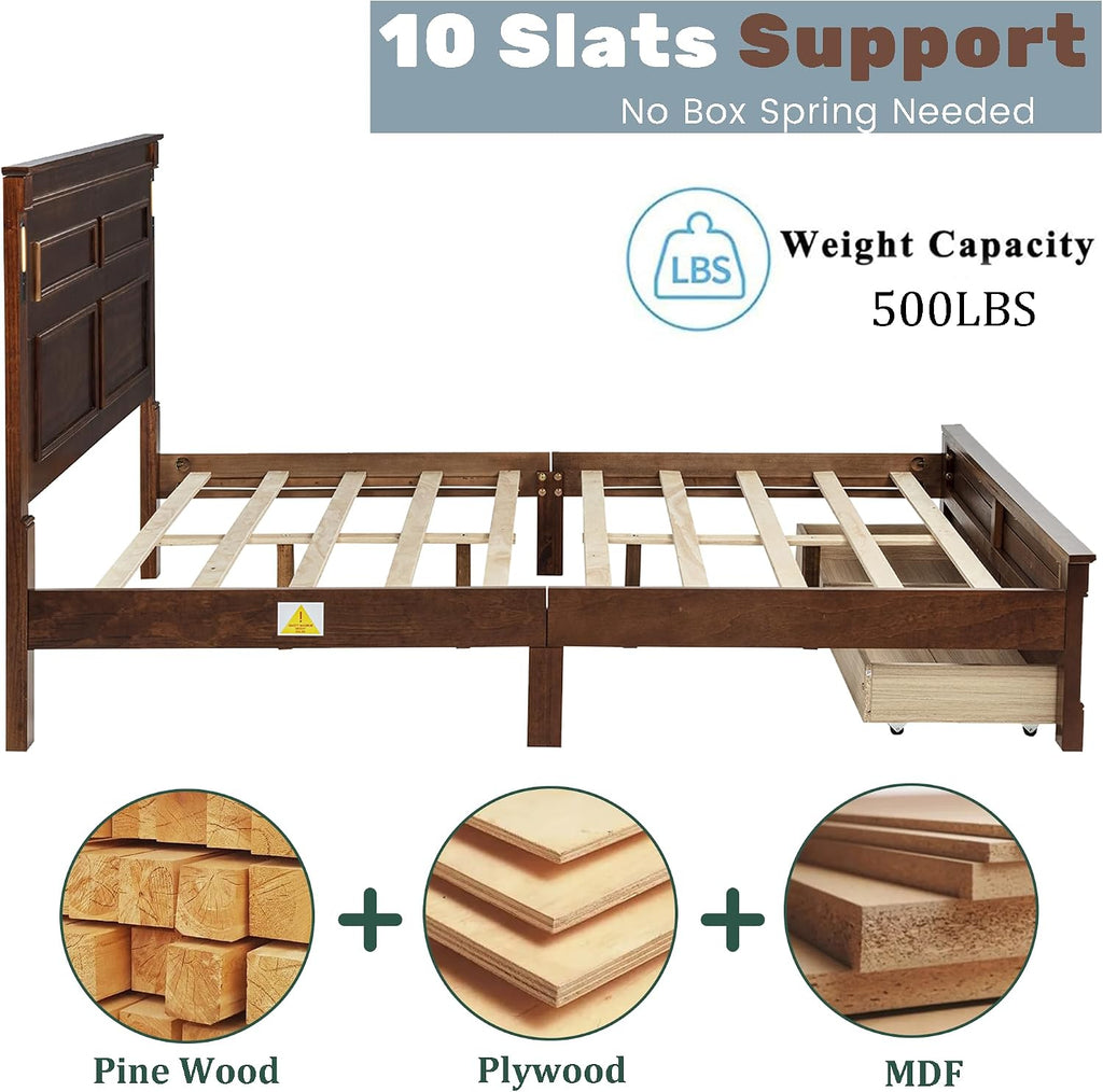 Queen Bed Frame with 46' Tall Headboard, Farmhouse Solid Wood Queen Platform Bed with 2 Storage Drawers,LED Lights & USB Charging Station,No Box Spring Needed, Walnut