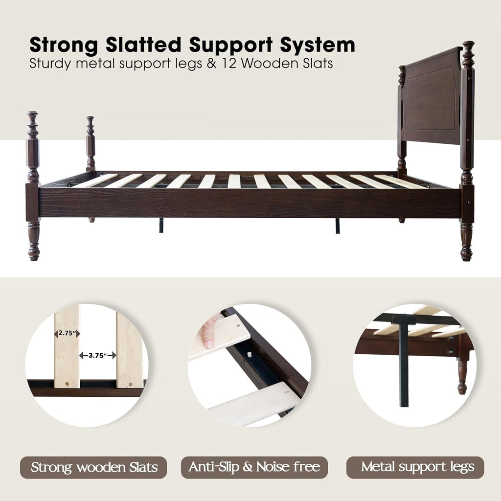 Solid Wood King Size Platform Bed Frame with Headboard & Footboard, 12 Strong Slats Base, Metal Legs, No Box Spring Needed, Easy Assembly, Anti-Noise & Slip-Free, Dark Roast Oak Finish, ROK-32