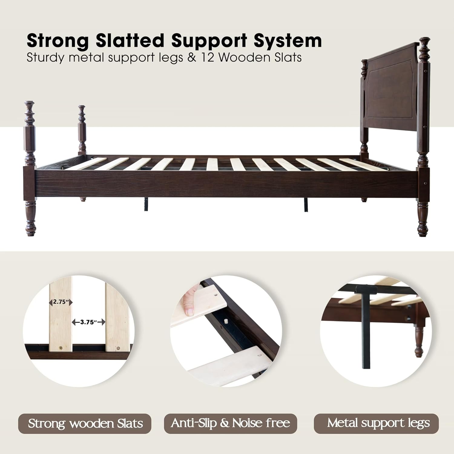 Solid Wood King Size Platform Bed Frame with Headboard & Footboard, 12 Strong Slats Base, Metal Legs, No Box Spring Needed, Easy Assembly, Anti-Noise & Slip-Free, Dark Roast Oak Finish, ROK-32