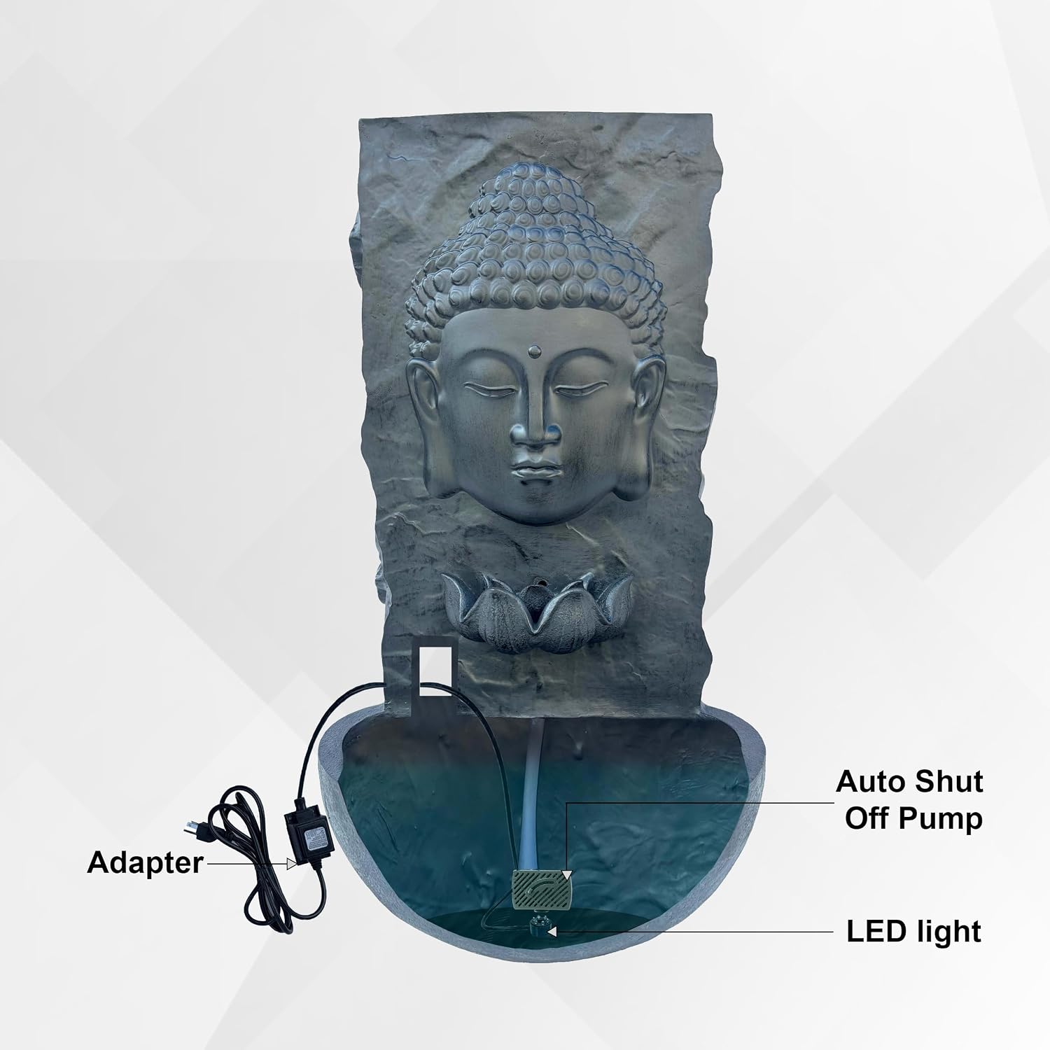 XBrand 30' H Buddha Water Fountain, Zen Wall Outdoor Garden Fountain w/Warm LED Light & Pump, Black Resin Water Fountain for Patio Backyard Home Decor