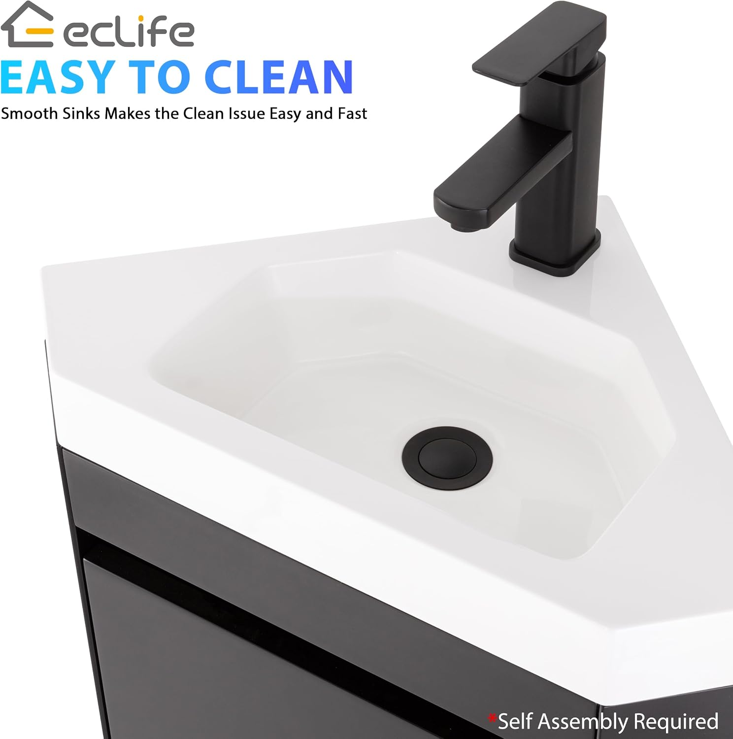 eclife 22' Corner Bathroom Vanity Sink Combo for Small Space Wall Mounted Floating Cabinet with White Resin Sink and Matte Black Faucet, Black