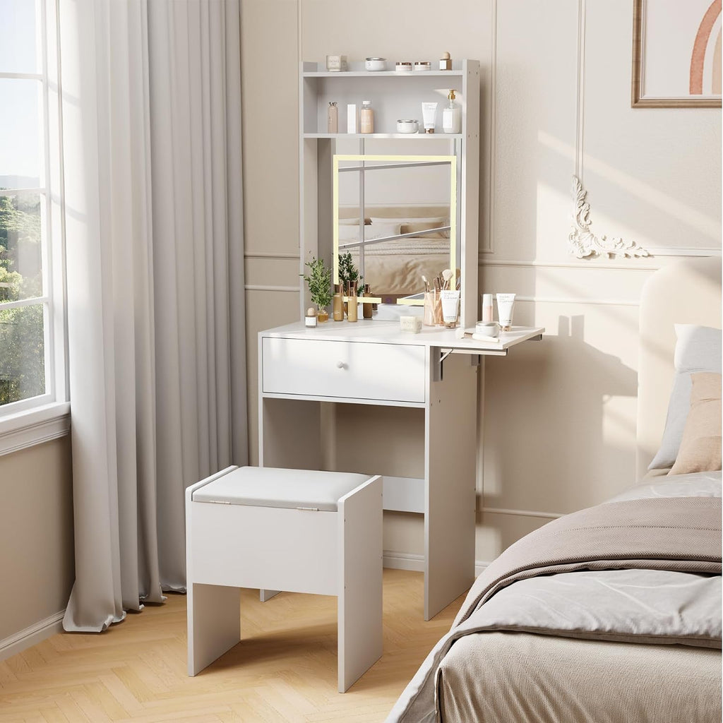 Garvee White Makeup Vanity Desk with Smart LED Mirror & Power Station, Small Vanity Desk with with Fold-up Panel, Storage Chair and Open Shelves for Bedroom