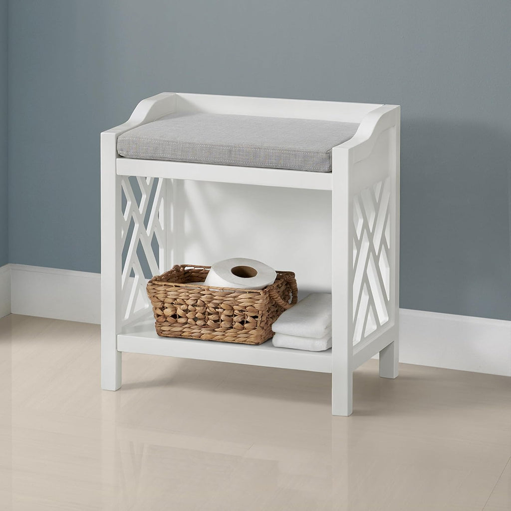 Coventry Bench with Cushion - Pine Wood Bench for Entryway or Bathroom Storage - Use as Shoe Rack, Vanity Chair and More (White)