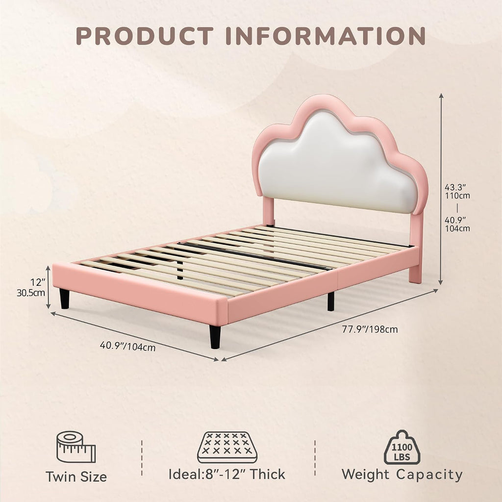 YITAHOME Twin Size Bed Frame, LED Bed with PU Faux Leather Adjustable Cloud Headboard, Platform Upholstered Bed Frame with Wooden Slats Support, No Box Spring Required, Easy Assembly, Pink