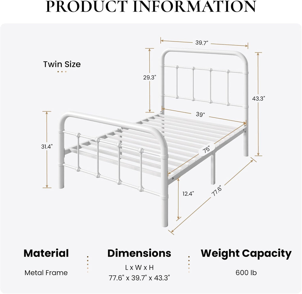 SHA CERLIN Twin Size Metal Platform Bed Frame with Vintage Style Headboard and Footboard, Heavy Duty Mattress Foundation, No Box Spring Needed, Easy Assembly, White