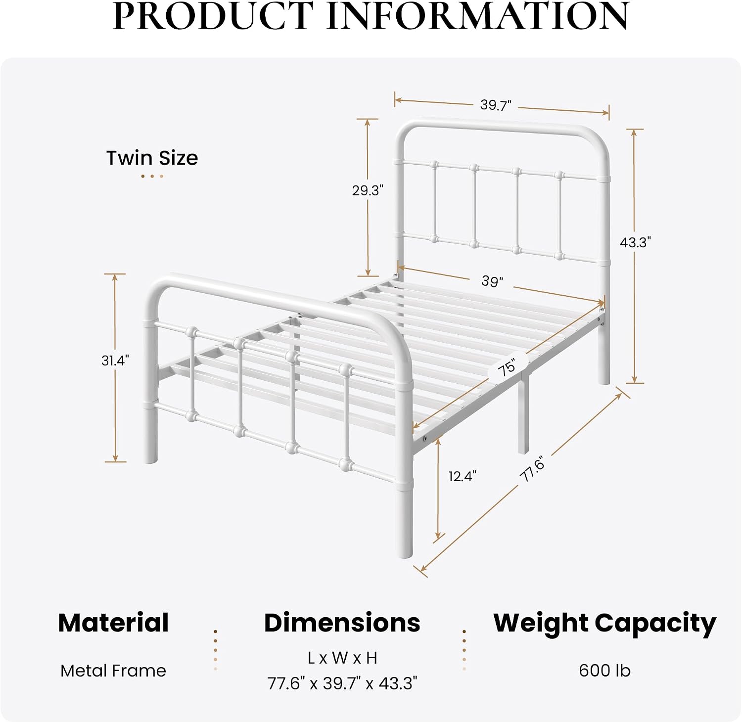 SHA CERLIN Twin Size Metal Platform Bed Frame with Vintage Style Headboard and Footboard, Heavy Duty Mattress Foundation, No Box Spring Needed, Easy Assembly, White