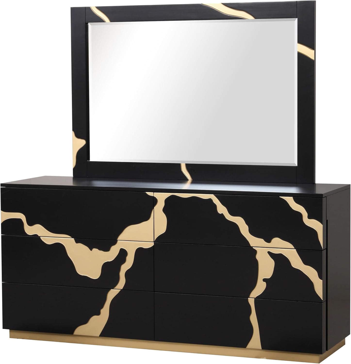 Furniture of America Quanta Modern Wood 6-Piece Bedroom Set with Panel Headboard and Gold-Painted Pattern Extended Walls, Felt-Lined Top Drawer, No Box Spring Needed, King, Black