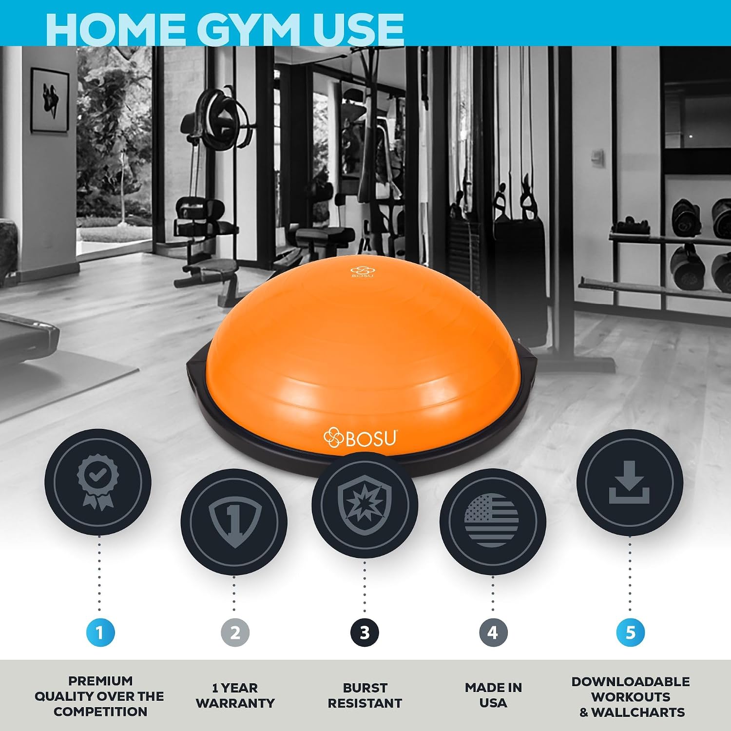 Bosu Balance Ball Exercise Trainer, Home Gym Equipment w/Guided Workouts & Pump, 26' Inflatable Fitness Platform for Strength Training, Standing, Balancing, and Core Workout