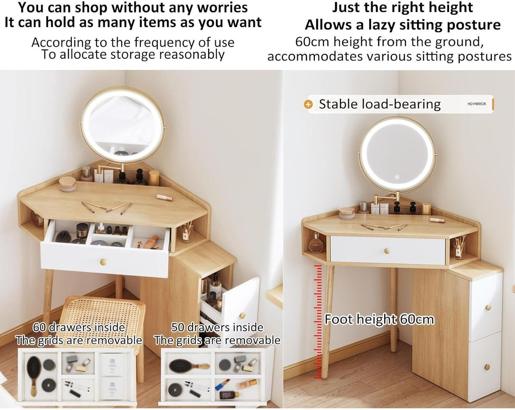 Corner Vanity Desk Set Wood Dressing Table with Drawer & Open Shelves Makeup Table for Small Room Heavy Duty(White,50cm Without Mirror)
