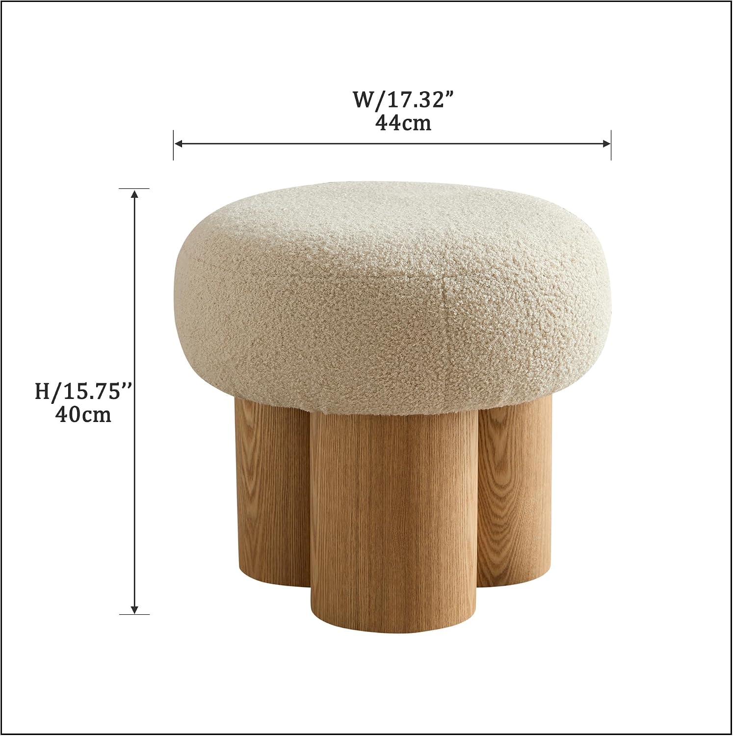 Mushroom Ottoman Stool with Teddy Fabric Upholstery, Round Foot Rest Seat, Walnut Veneer Look Barrel Base, Accent Vanity Seating for Entryway Living Room Bedroom Sofa Side Corner Decor (Greige)