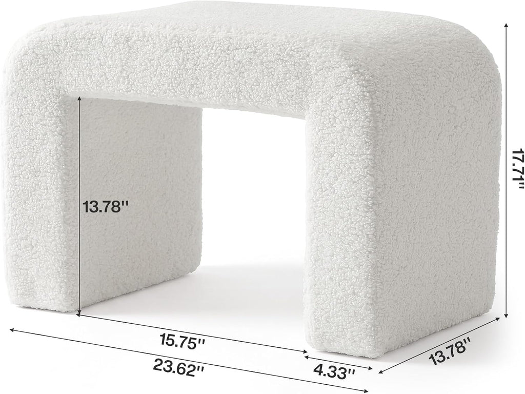 Tribesigns Ottoman Stool for Vanity, Modern Foot Rest for Couch, Large Sherpa Upholstered Foot Stool Ottoman, Arched Shoe Bench for Entryway, Extra Seating for Living Room, Bedroom, No Assembly, White