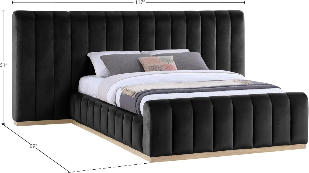 Meridian Furniture AmaraBlack-Q117 Collection Modern | Contemporary Queen Bed, Ultra Luxe Black 460 GSM Velvet, Natural Finish, Solid Wood Base and Inner Frame, 117' W x 99' D x 51' H, Black, Queen