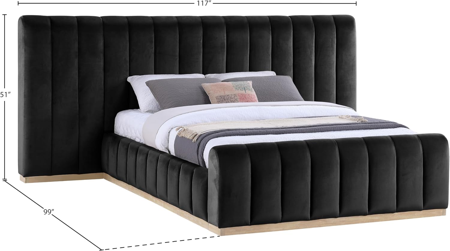 Meridian Furniture AmaraBlack-Q117 Collection Modern | Contemporary Queen Bed, Ultra Luxe Black 460 GSM Velvet, Natural Finish, Solid Wood Base and Inner Frame, 117' W x 99' D x 51' H, Black, Queen