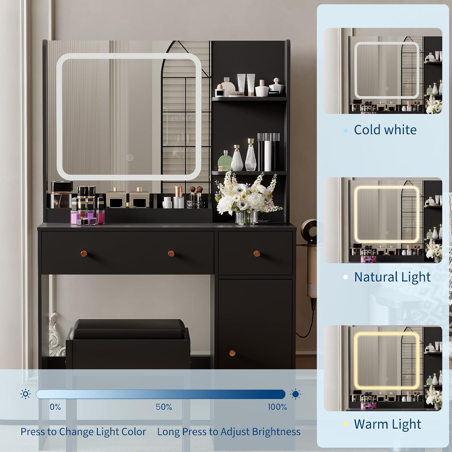 HaHarmoHaby Vanity Desk with Lighted Mirror, Makeup Vanity Table with 4 Drawers, Shelves,3 Color Modes & Adjustable Brightness, Dressing Table Set with Stool for Bedroom