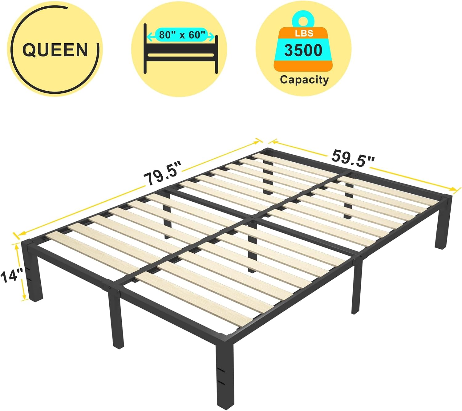ROIL 14 inch Queen Size Bed Frame with Wood Slats - 3500lbs Heavy Duty No Box Spring Needed Platform, Mattress Stoppers Double Metal Noise Free Bedframe with Headboard Hole