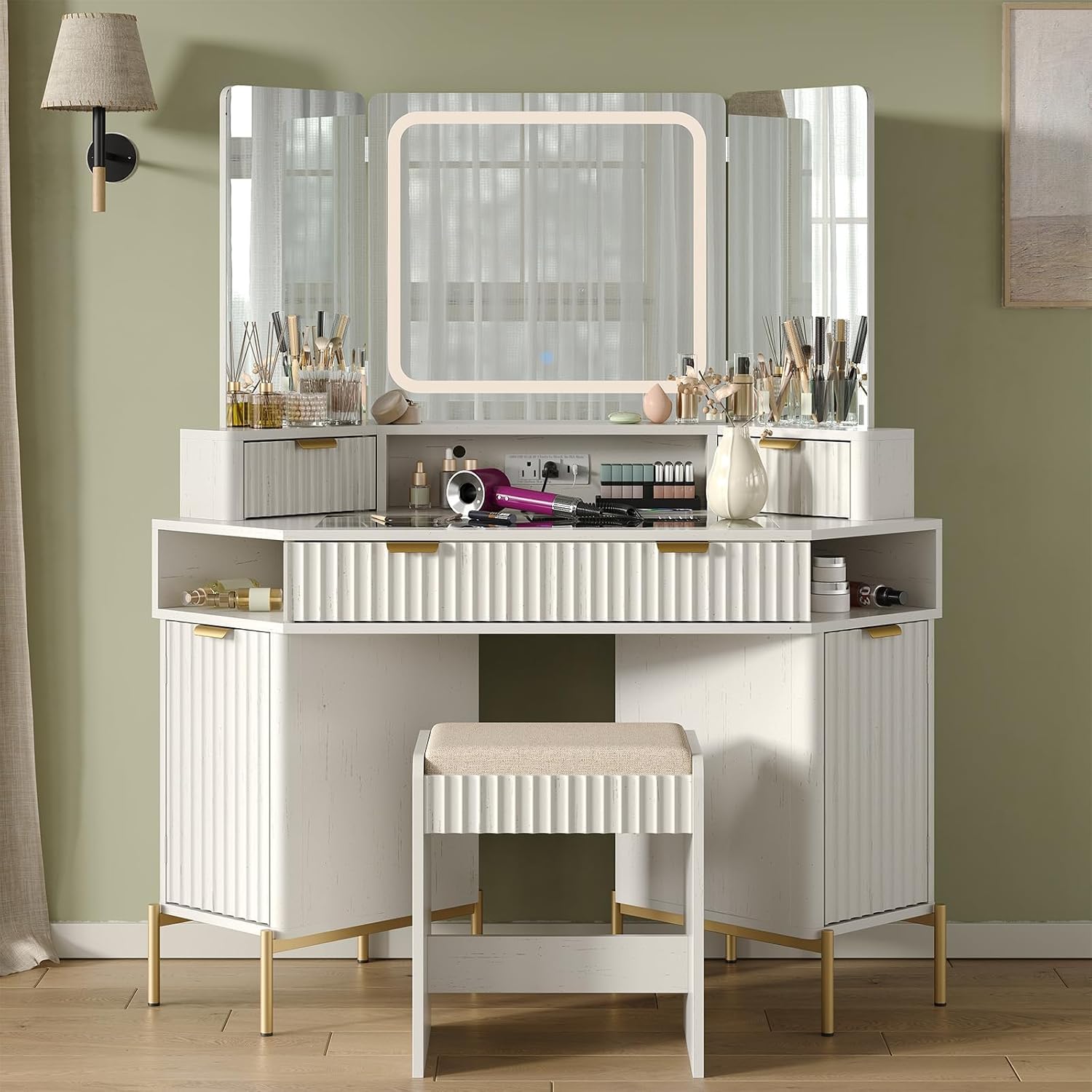 Modern 48'' Fluted Makeup Vanity Desk with HD Triple Mirror & LED Lights – Spacious Corner Dressing Table with Glass Top, 3 Drawers & 2 Cabinets for Stylish Bedroom Decor (White)