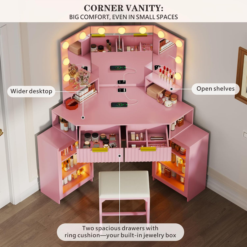 Vanity Desk with Charging Station & LED Lights Mirror – Corner Design HD Triple Mirror Makeup Vanity Table Set with Storage Drawers & Chair for Living Room/Bedroom Ideal Gift (Pink)