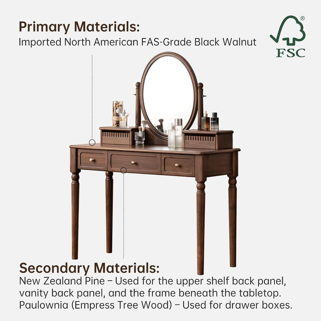 Vintage Vanity Desk with Rotating Mirror, Solid Walnut Dressing Table for Bedroom, Dark American Style Vanity, 37' W x 18' D x 56' H