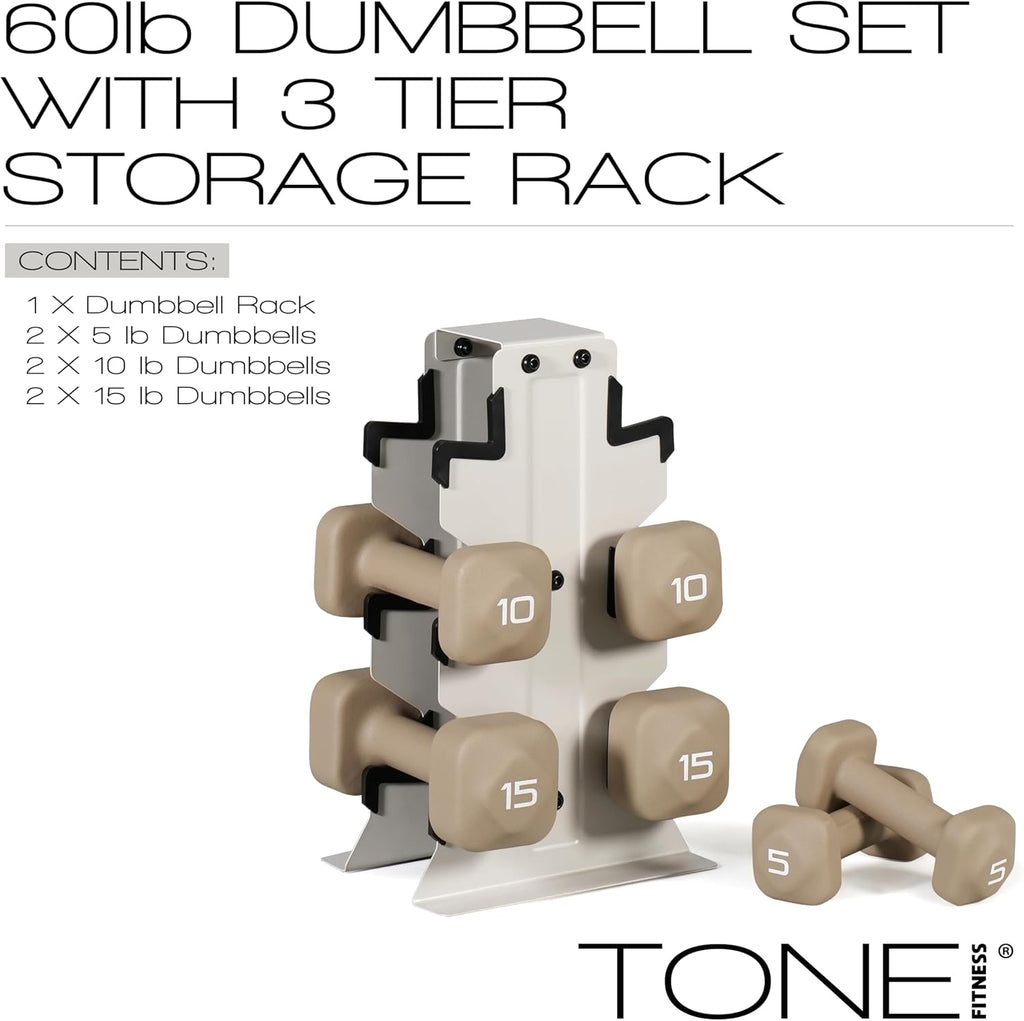 Tone Fitness Neoprene Dumbbell Set with Storage Rack – Non-Slip, Anti-Roll Hand Weights for Home Gym Workouts | 20 lb, 32 lb, 50 lb, 60 lb & 100 lb Options