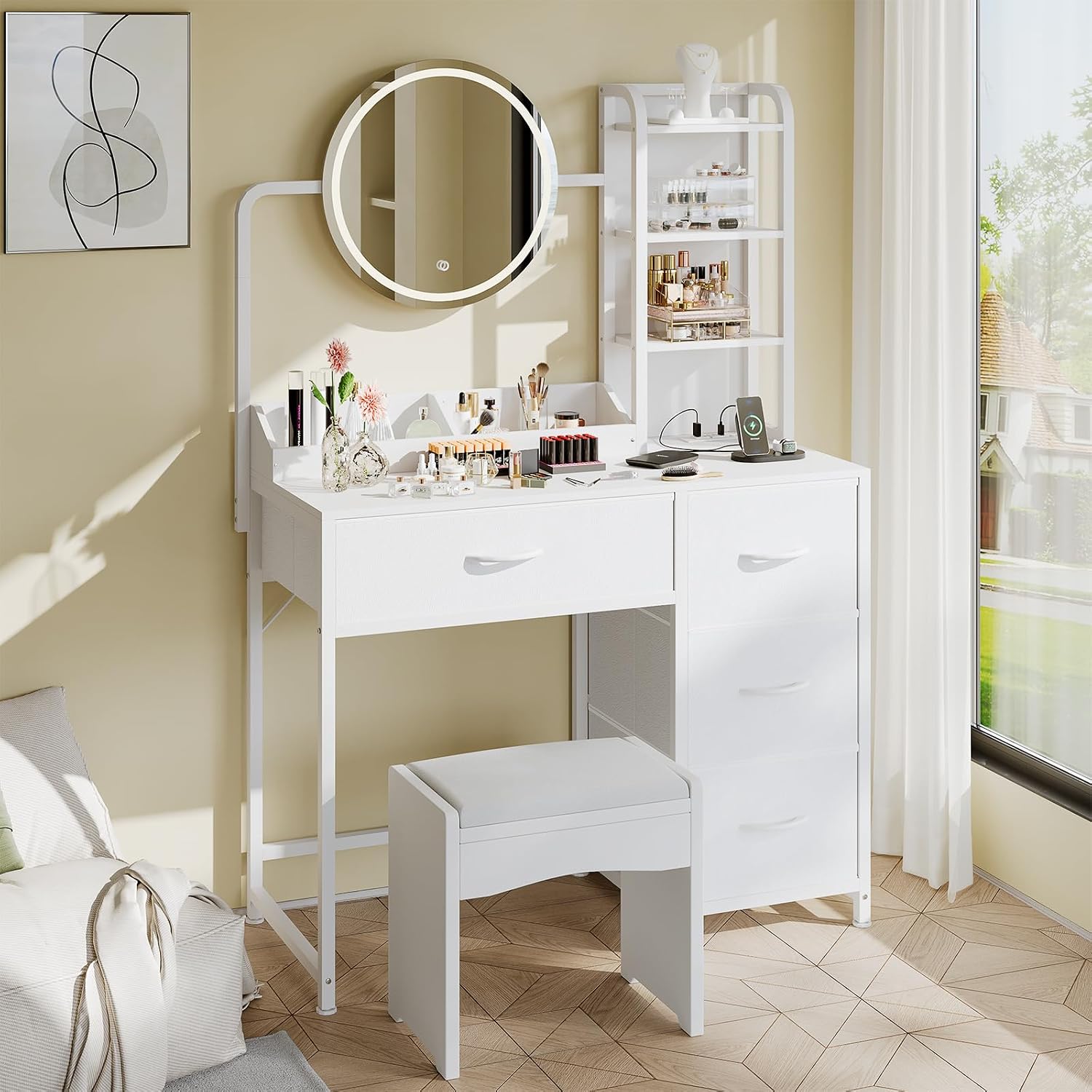 Patikuin Makeup Vanity with LED Mirror & Power Outlet, Small Dressing Table Set with Drawers & Shelves, Vanity Desk for Bedroom Beauty Corner