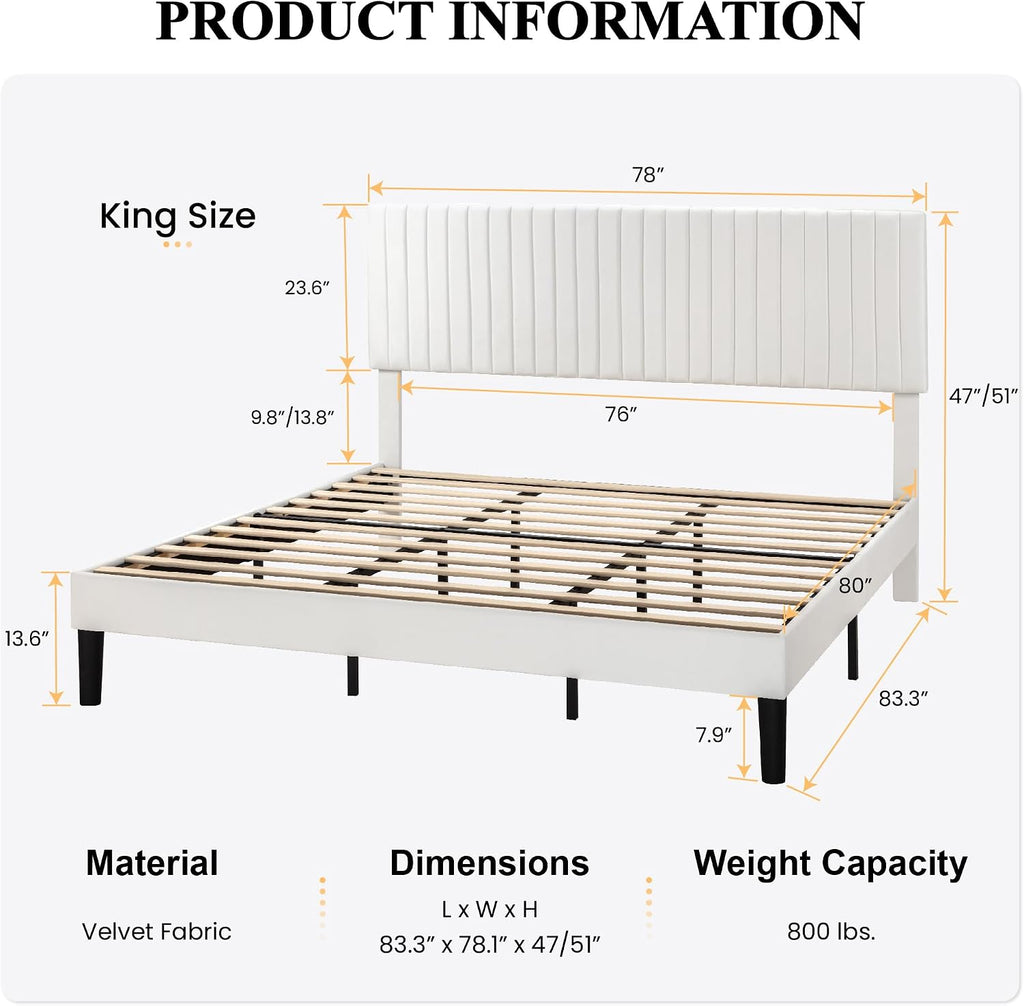 SHA CERLIN King Upholstered Platform Bed Frame with Vertical Channel Tufted Velvet Fabric Adjustable Headboard, Wooden Slats Support, Mattress Foundation, Box Spring Optional, White