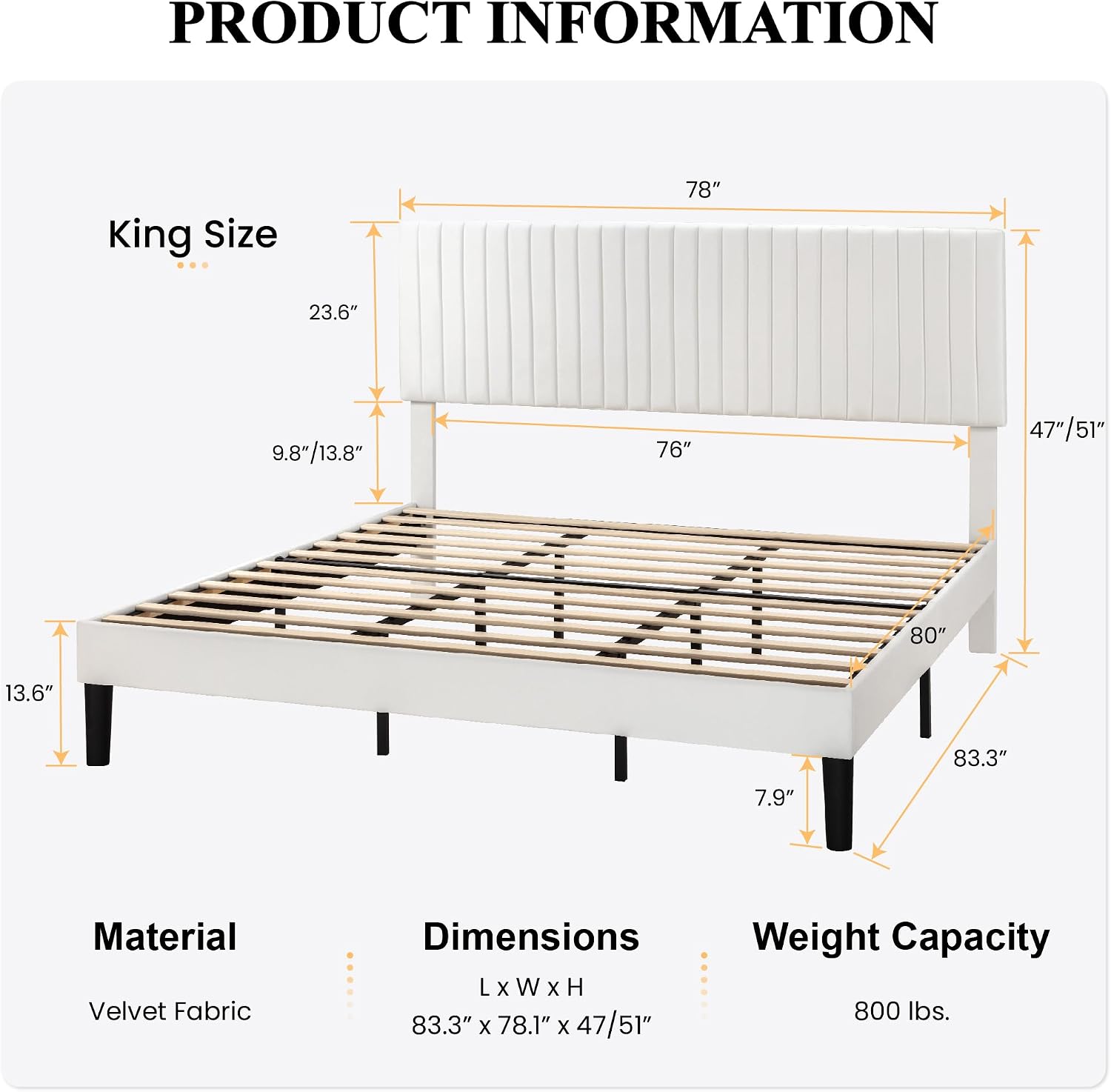 SHA CERLIN King Upholstered Platform Bed Frame with Vertical Channel Tufted Velvet Fabric Adjustable Headboard, Wooden Slats Support, Mattress Foundation, Box Spring Optional, White