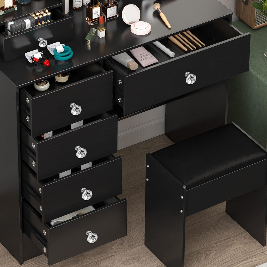 Black Vanity Desk with Sliding Mirror and Lights, Vanity Table with 6 Drawers and Cabinet, Small Vanity Set with Chair Stool, 3 Modes Adjustable LED Sliding Mirror, Vanity for Bedroom