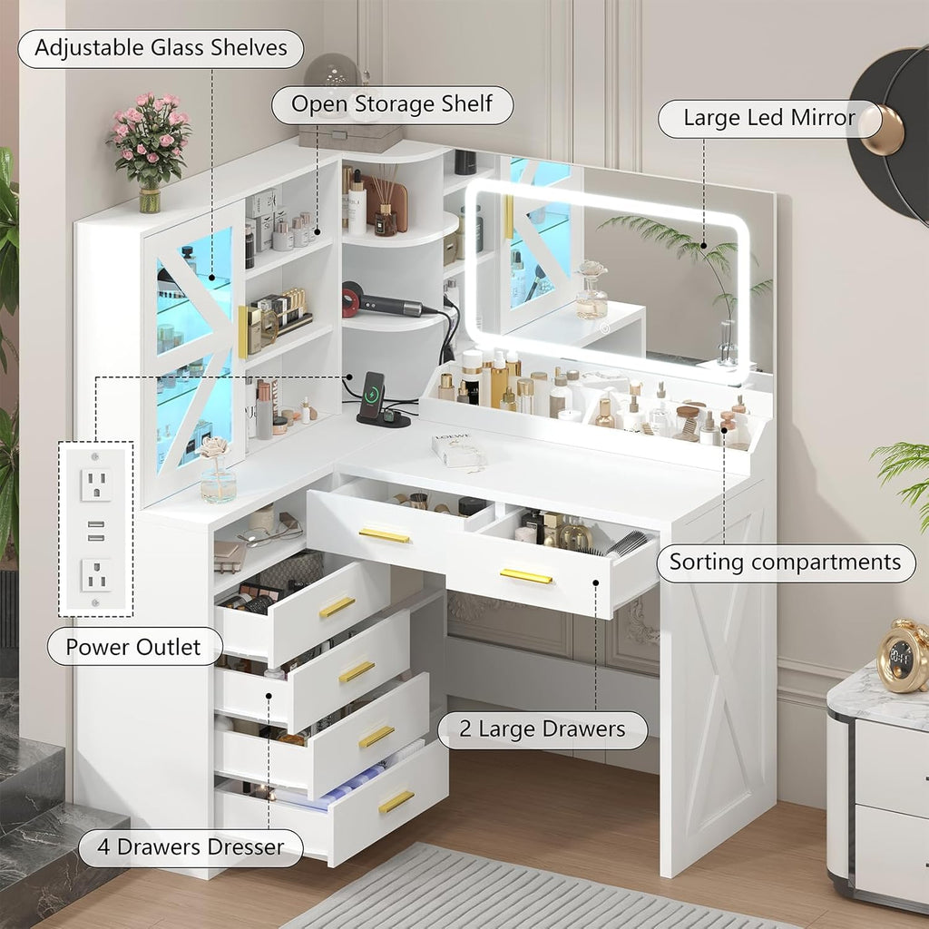 L-Shaped Corner Vanity Desk with LED Lighted Mirror & Charging Station, White Makeup Vanity with 6 Drawers & Sliding RGB Cabinet, Large Farmhouse Dressing Table with Open Storage Shelves for Women
