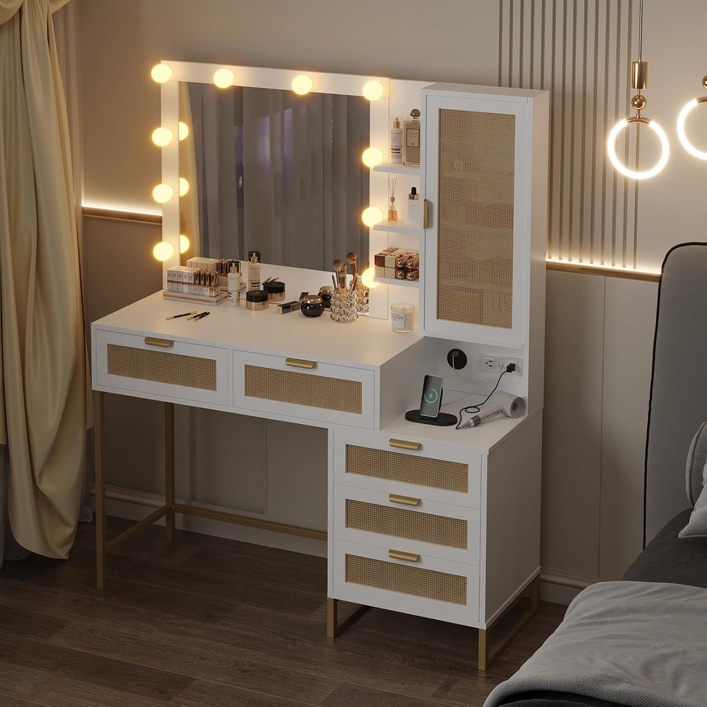 Modern Vanity Makeup Desk with Vanity Mirror, Built-in Lights, 5 Drawers, Power Outlet, Makeup Desk for Bedroom, White & Gold, Rattan