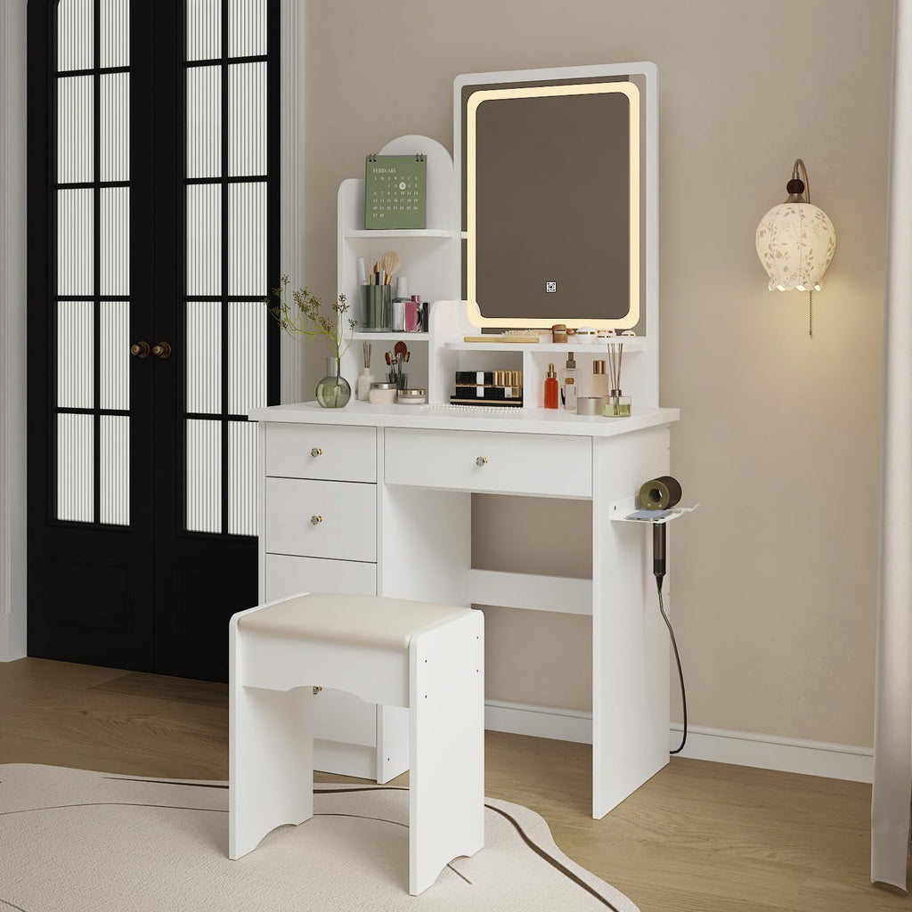 WOODTIME Vanity Set with LED Lighted Mirror, Power Outlet, Vanity Dressing Table with 5 Drawers & Shelves, Makeup Desk with Cushioned Stool for Bedroom, White